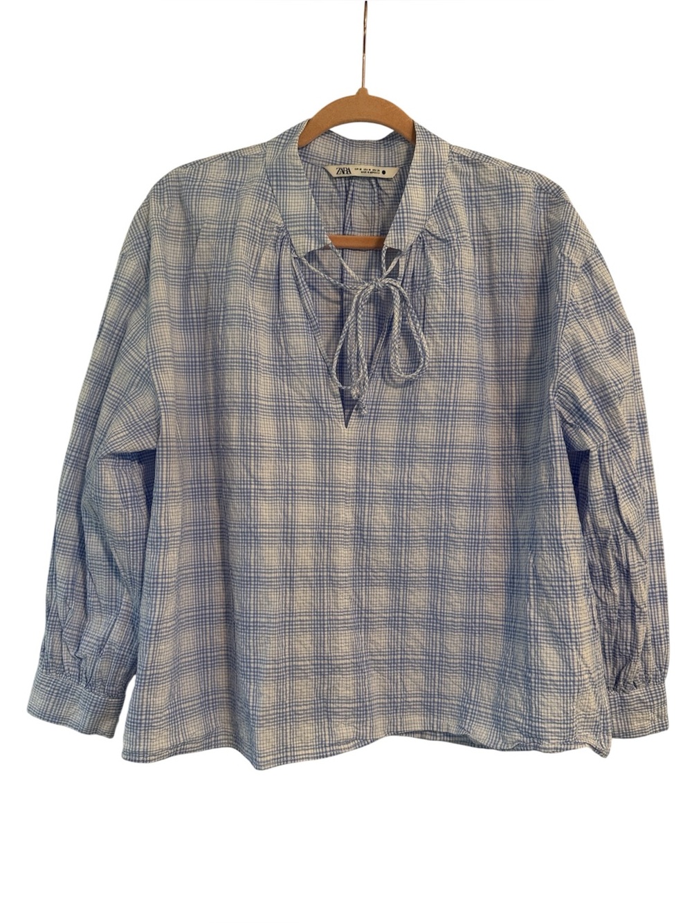 Zara Blue and White Abstract Checkered Long Sleeve Blouse